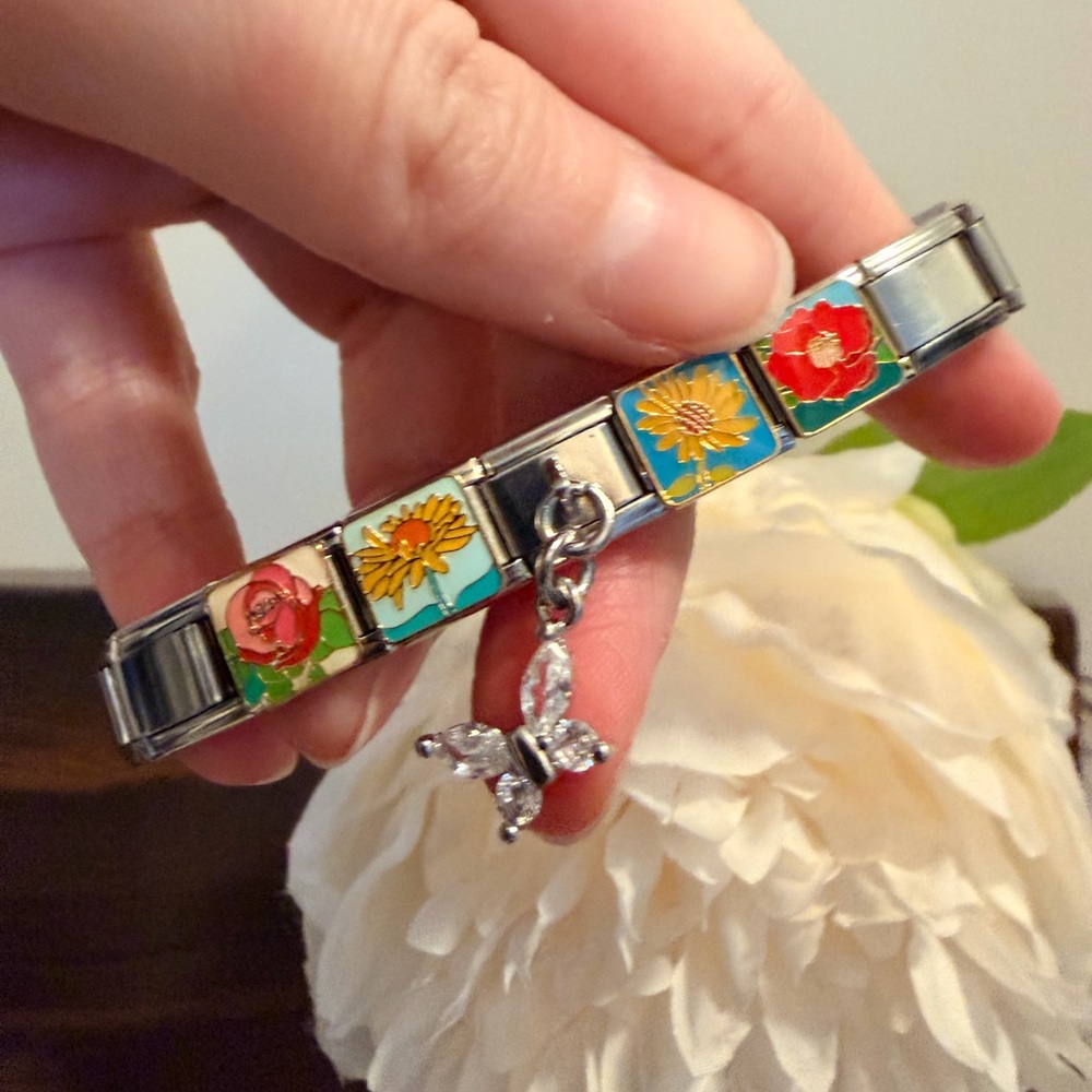 Bright Floral Italian Charm Bracelet with Crystal Butterfly Dangle